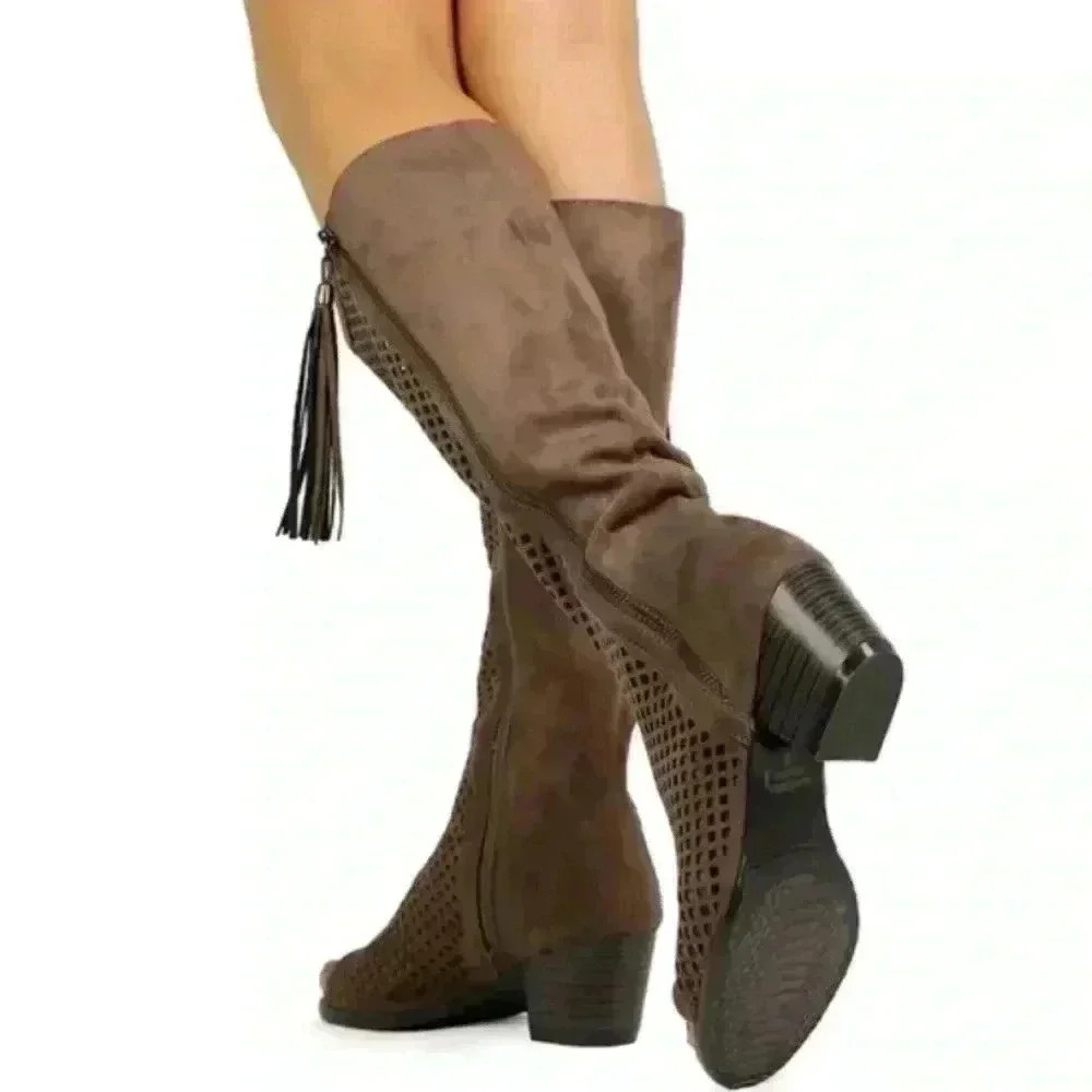 NIB!Natural Breeze-Faux Suede Perforated Chunky Heel Tassel Boots Size 9 - Picture 3 of 12